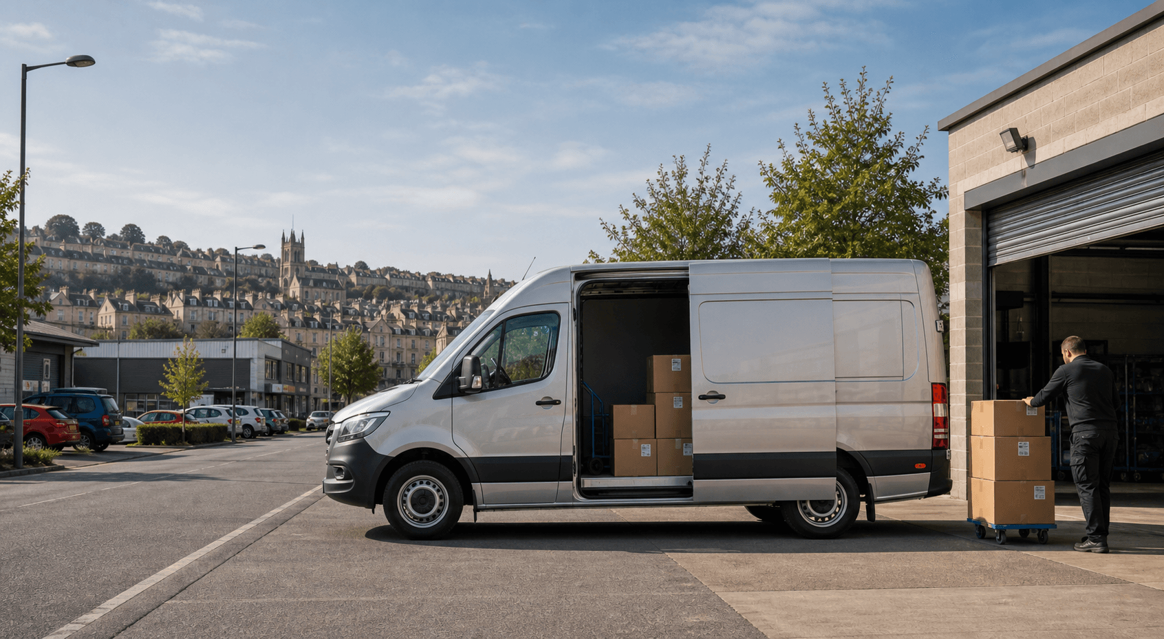 Modern self-drive rental van ready for loading in Bath